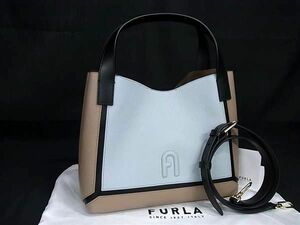 1円 ■新品同様■ FURLA フルラ プリムラ レザー 2WAY ハンドバッグ ショルダー 斜め掛け ライトブルー系×ブラウン系×ブラック系 FB7062