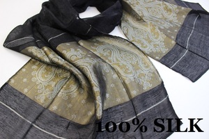 新品【SILK シルク100%】華 ペイズリー柄 スカーフ/ストール ブラック系 ゴールド ホワイト