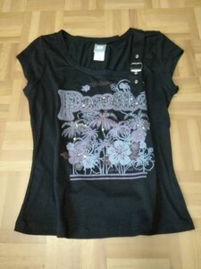 Y2520★finesse★肩ベルト風デザインプリントTシャツ★黒★Lサイズ