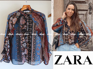 ZARA ザラ パッチワークプリント ブラウス プルオーバー バンドカラー シースルー シフォン フリル S ボヘミアン エスニック ペイズリー　