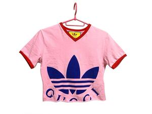 未使用に近い グッチ GUCCI 半袖Tシャツ サイズXS 693637 ピンク×ブルー レディース アディダスコラボ/チビT/2022SS/ショート丈/Vネック