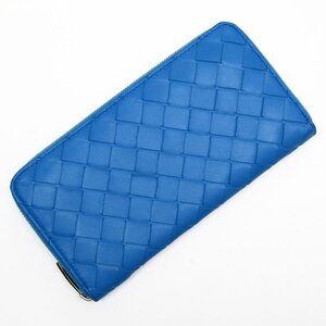 ボッテガヴェネタ BOTTEGAVENETA ラウンドファスナー長財布 イントレチャート レザー ブルー g3923a