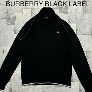 BURBERRY BLACK LABEL バーバリーブラックレーベル ニットセーター長袖 刺繍ロゴ 三陽商会 コットン 羊毛 ブラック サイズ2(M相当)玉FS1420