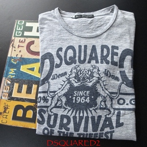 【DSQUARED2 ディースクエアード / イタリア】ビンテージ加工 ロゴプリント ポケット Tシャツ グレー XL!!　（MADE IN ITALY）