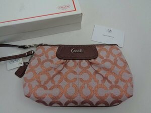 COACH(コーチ)■オプアート■ポーチ■ローズゴールド オレンジ ダークブラウン■キャンバス×レザー ファスナー式 ラメ ミニバッグ