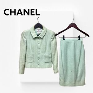 高級 CHANEL シャネル ヴィンテージ 96C PO6275V04539 コットン 裏地シルク 裾チェーン ツイードジャケット＆スカート セットアップスーツ