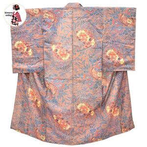 1円 アンティーク着物 正絹 茶色 洋花 身丈145.5cm 着物 同梱可 【kimonomtfuji】 3nfuji45886