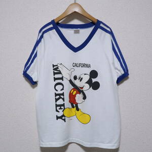 90s USA製■Velva Sheen ベルバシーン■ミッキーマウス プリント リンガー Tシャツ■M Vネック トリム■Disney MICKEY ビンテージ 70s 80s