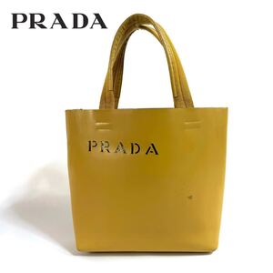 PRADA プラダ レザー トートバッグ ハンドバッグ ミニバッグ マスタード イエロー パンチング ロゴ イタリア製