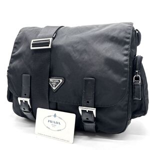 1円【極上】PRADA プラダ ショルダーバッグ トート メッセンジャー 三角プレート シルバー金具 テスートナイロン メンズ レディース 黒色 