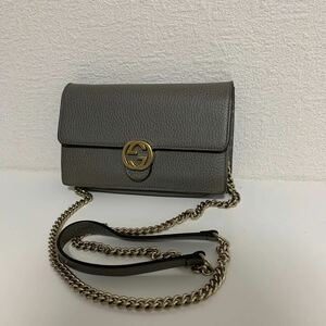 良品　GUCCI グッチ　インターロッキング　チェーンウォレット　ショルダーバッグ　グレー系　