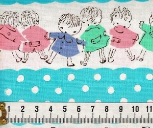 ★ちょこっと 国産コットン QUILT GATE キルトゲイト 可愛い子供達と水玉 アクア系 サイズ約 30ｃｍ×110ｃｍ h-315