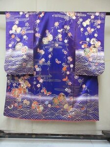 1円 良品 化繊 女児 子供着物 七五三 和装 和服 枝垂れ花 枝垂れ桜 鼓 波 蝶 ヱ霞 高級 袷 身丈131cm 裄57cm【夢職】★★★