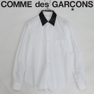 ◆COMME des GARCONS コムデギャルソン 襟フェイクレザー 切替 長袖 クレリック シャツ 白 ホワイト×ブラック XS