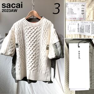 新品 2023AW サカイ sacai Nylon Twill Mix Knit Pullover MA-1ドッキング 半袖 ニット 3 定9.35万 レディース ケーブル セーター 送料無料