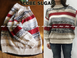 CUBE SUGAR マルチボーダー レディース セーター ボトルネック ニット ボーダー ゆったり ぶかぶか 長袖 キューブシュガー 山ガール 白 赤