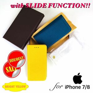 【新品☆送料込み即決SALE価格!!】ユニセックス スライド機能 カード収納×4 吸盤式ストッパー iPhone7/8用手帳型ケース／ブライトイエロー