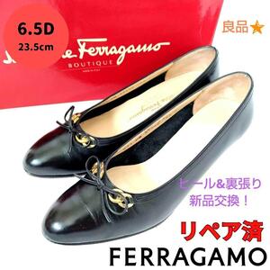 良品箱付き☆フェラガモ【Ferragamo】リボン&チェーン パンプス 黒