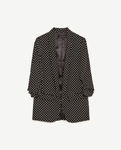 /[美品 ZARA ザラ ドット柄 ジャケット 10990円 黒 フルイド生地 ブレザー ショールカラー 洗濯済み 匿名発送]