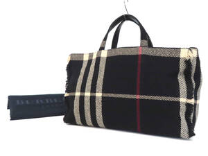 22486 美品 BURBERRY バーバリー ノバチェック柄 フリンジ ウール×レザー トートバッグ ハンドバッグ 手提げ カバン 黒系 イタリア製 秋冬