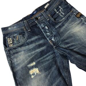 イタリア製 ● G-STAR RAW ジースターロウ ● 3301 ロゴ ラベル ユーズド 色落ち ダメージ加工 インディゴ デニム W30 L32