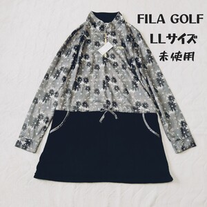 未使用*FILA GOLF*フィラゴルフ*大きいサイズLL*ゴルフウェア*ワンピース*長袖*グレー系花柄×黒フリース*ハーフジップ*サムホール*指穴開