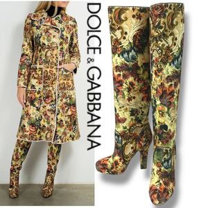 u113 レア 希少 新品 未使用 DOLCE&GABBANA ドルチェ&ガッバーナ ペイズリー 花柄 ブーツ 刺繍プリント レザー 37 イタリア製 正規品