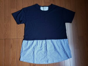 【美品】【4L】innoce イノセ　大きいサイズ カットソー　チュニック　半袖　切り替え　紺　ストライプ　水色