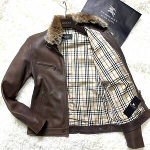 絶版美品羊革BURBERRY BLACKLABEL2wayラビットファーラムレザージャケットL~Mナッパスキンノバチェック柄ブラレバーバリーブラックレーベル