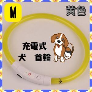 LEDライト首輪 USB充電式　イエロー　M ペット　カット可　犬　猫　夜　散歩 光る首輪 犬用 小型犬 中型犬 ライト LED 充電式