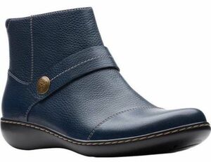 送料無料 Clarks 23cm ブーツ レザー 革 ネイビー ブルー ウエッジ ジッパー ヒール ブーティー ローファー フラット スニーカー ST67