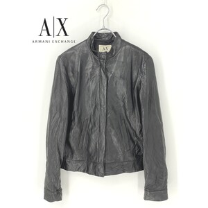 A9994/美品 ARMANI EXCHANGE アルマーニ 本革 羊革 ラムレザー ハイネック シングル ライダース ブルゾン ジャケット S 黒 レディース