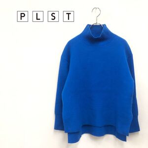 1D2560-K◆PLST プラステ ハイネック長袖ニットトップス◆sizeS ブルー 無地 ウールブレンド 身幅ゆったり カジュアル スリット レディース