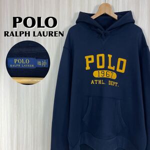 ☆入手困難☆現行タグ☆POLO ポロラルフ フェルト プリント ビッグロゴ 裏起毛 プルオーバー パーカー XXL 濃紺 ネイビー アメカジ 古着