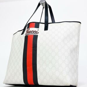 美品 グッチ GUCCI A4 トートバッグ シェリーライン ロゴ ビジネス 肩掛け GG PVC 大容量 ジョイライン ハンド ホワイト ネイビー