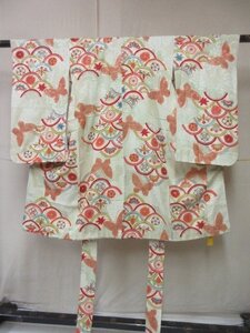 1円 中古 正絹 女児 子供着物 七五三 和装 アンティーク 青海波 蝶 花柄 高級 袷 身丈105cm 裄58cm【夢職】★★★