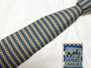 ■美品■HERMES エルメス　ネクタイ　ボーダー　シルク フランス製　ブルー×イエロー　ビジネス