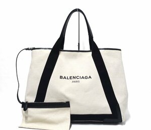 美品 BALENCIAGA バレンシアガ ネイビーカバス M 大容量 ポーチ付 ショルダーバッグ 339936 キャンバス×レザー ホワイト×ブラック