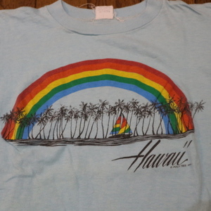 80s Poly Tees Hawaii Tシャツ M ブルー ハワイ 虹 ヨット ヤシの木 イラスト パキ綿 スーベニア サーフィン アロハ ビーチ ヴィンテージ