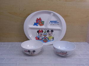 ◎M/487●ミッキーマウス Mickey Mouse☆子供用茶碗 2個＆プレート 1枚☆レトロ☆中古品