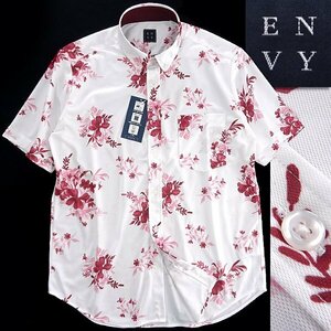 新品 山喜 エンビオム 速乾 ストレッチ 花柄 半袖 BD シャツ LL 白 赤 【ANP400_141】 ENVY HOMME 春夏 盛夏 メンズ サマー カジュアル