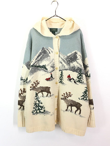 レディース 古着 90s LAUREN Ralph Lauren 雪山 トナカイ 風景 総柄 ウール ニット パーカー カーディガン XXL 古着