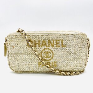 シャネル CHANEL ツイード ドーヴィル チェーンウォレット ベージュ ゴールド金具 レディース 財布 キャンバス 27番台 6-8-444