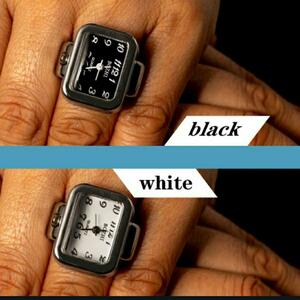 新品　未使用　指輪　時計　四角　フリーサイズ　銀　黒白セット　103