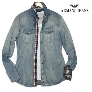 ★ARMANI JEANS アルマーニジーンズ 雰囲気抜群 チェック柄使い 長袖 デニムシャツ Mサイズ★