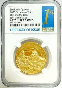 FDI 2023年 セントヘレナ フェアリークイーン ウナとライオン 5ポンド 1オンス プルーフ金貨 NGC PF70 ULTRA CAMEO First Day of Issue