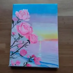 夢見多恵画　原画　新作　一点物　夜明けの薔薇　24×17.5×1.5cm