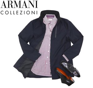 17万新品◆52=XL◆【ARMANI】アルマーニ COLLEZIONI フード内蔵ハイネック フロント止水ジップファスナーデザインジャケット 濃紺 1円