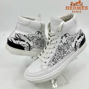 レア 近年 即完売モデル HERMES エルメス ディストリクト グラフィック ロゴ ハイカット スニーカー レザー 白 ホワイト フランス