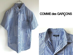 美品 COMME des GARCONS HOMME コムデギャルソンオム 2016SS ストライプ/ボーダー/ギンガムチェック パッチワークシャツ XS ネコポス対応